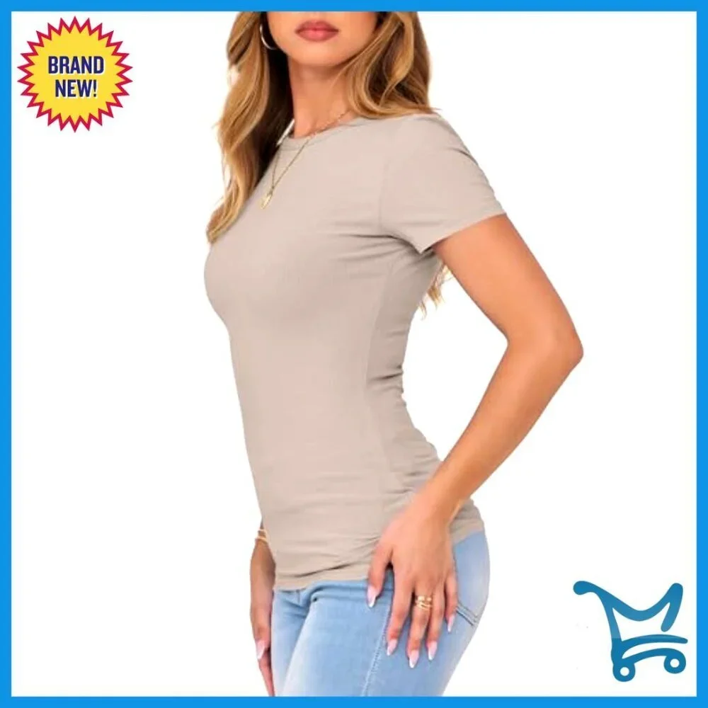 Short Sleeve Crewneck Ribbed Knit Slim Fitted Top Basic Tee Casual Summer